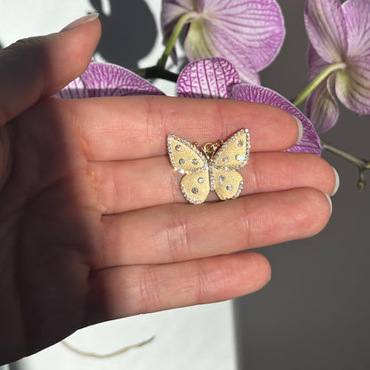 14KT Yellow Gold Matte Gypsy Diamond Butterfly Pendant