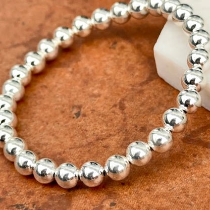 Sterling Silver Shiny  6mm Beaded Stretch Bangle Bracelet