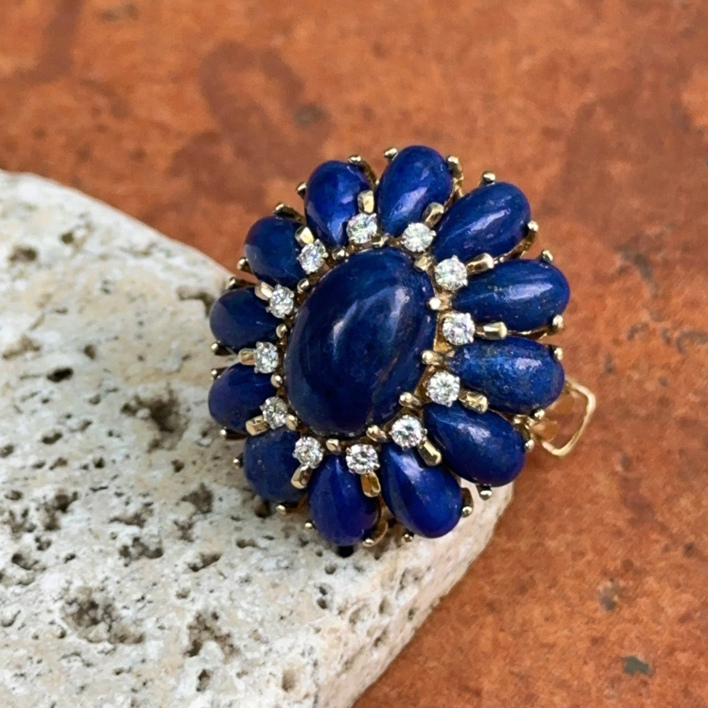 Estate 18KT Yellow Gold Oval & Pear Lapis Round Diamond Ring