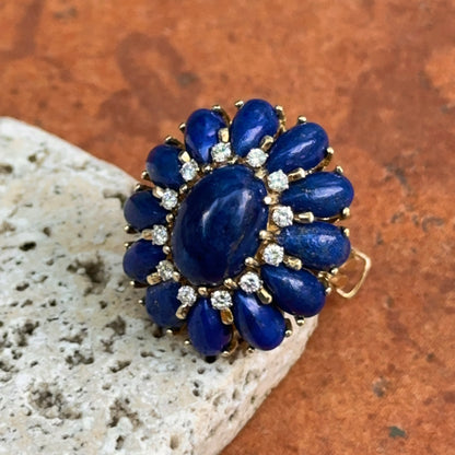 Estate 18KT Yellow Gold Oval & Pear Lapis Round Diamond Ring