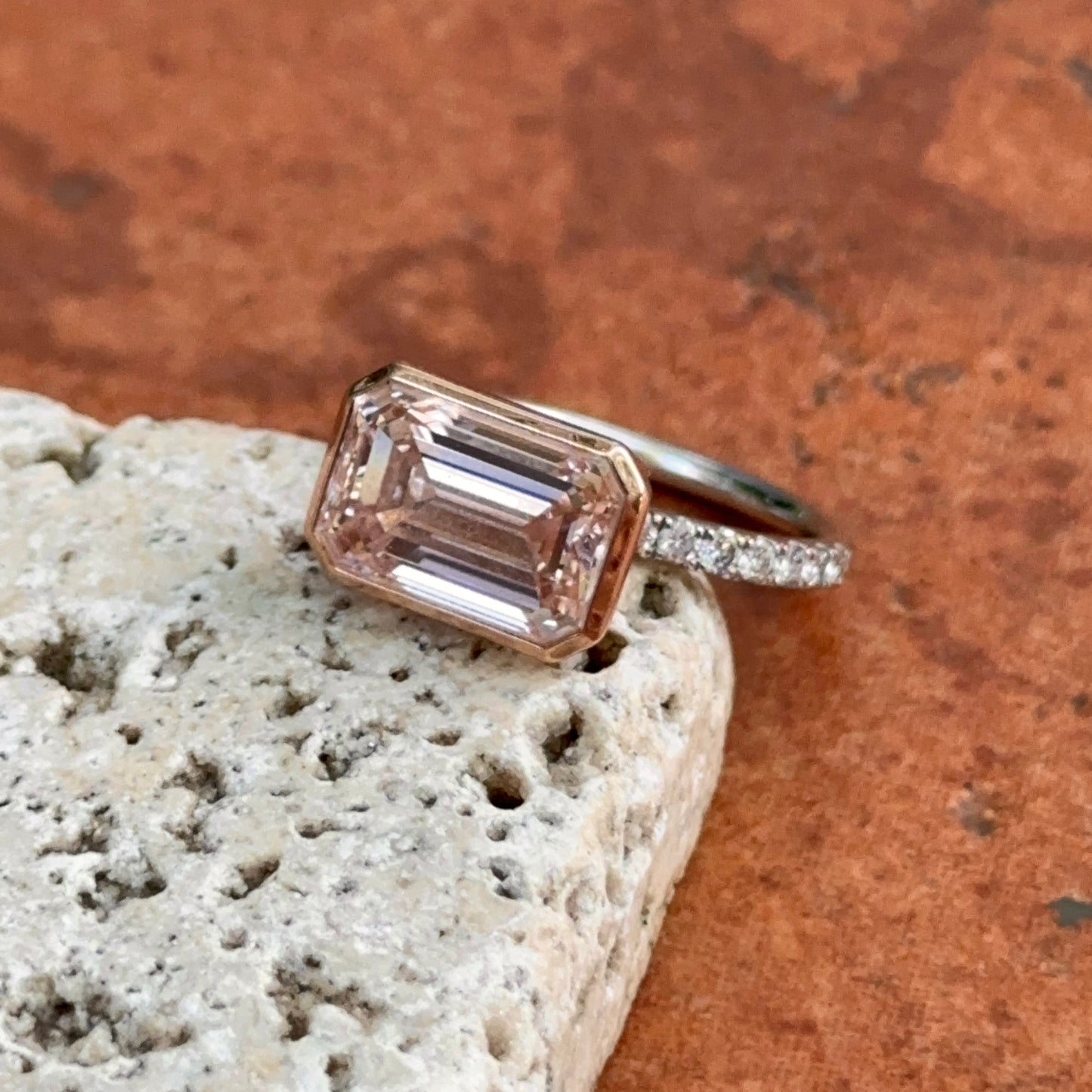 Estate 14KT White + Rose Gold 4.3 CT Pink Emerald-Cut Lab Diamond Ring