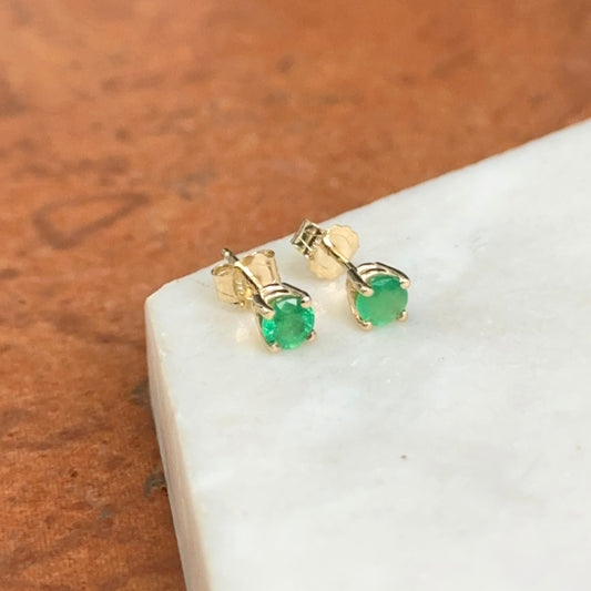 14KT Yellow Gold Round 4mm Emerald Stud Earrings