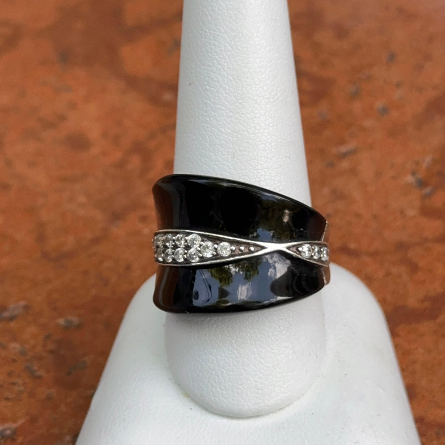 Estate Sterling Silver Unique Cut Onyx + Round Cubic Zirconia Ring