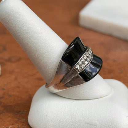 Estate Sterling Silver Unique Cut Onyx + Round Cubic Zirconia Ring