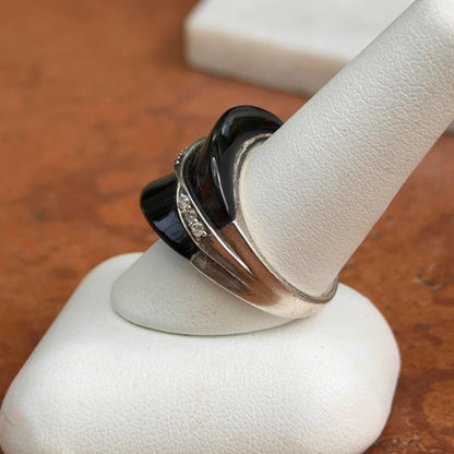 Estate Sterling Silver Unique Cut Onyx + Round Cubic Zirconia Ring