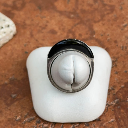 Estate Sterling Silver Unique Cut Onyx + Round Cubic Zirconia Ring