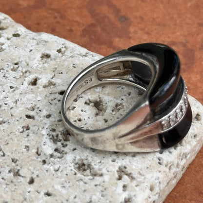 Estate Sterling Silver Unique Cut Onyx + Round Cubic Zirconia Ring