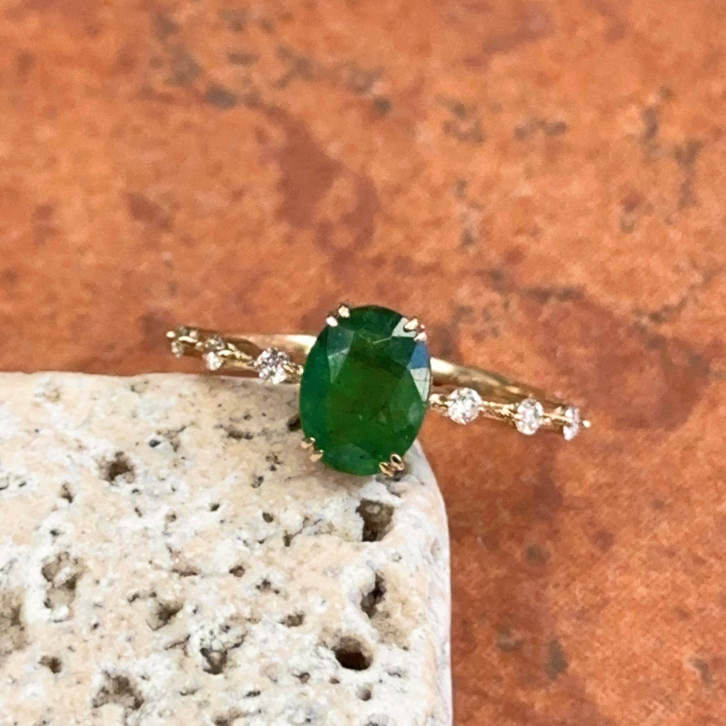 14KT Yellow Gold Oval 1.35 CT Emerald + Diamond Band Ring
