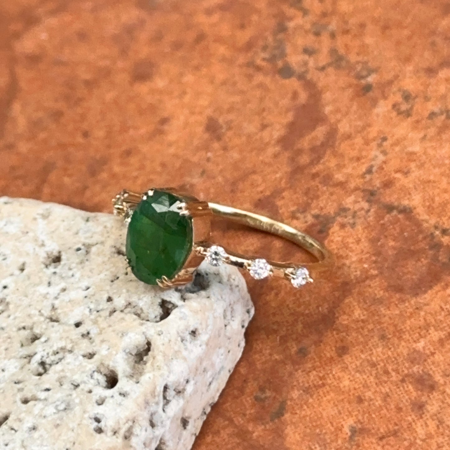 14KT Yellow Gold Oval 1.35 CT Emerald + Diamond Band Ring