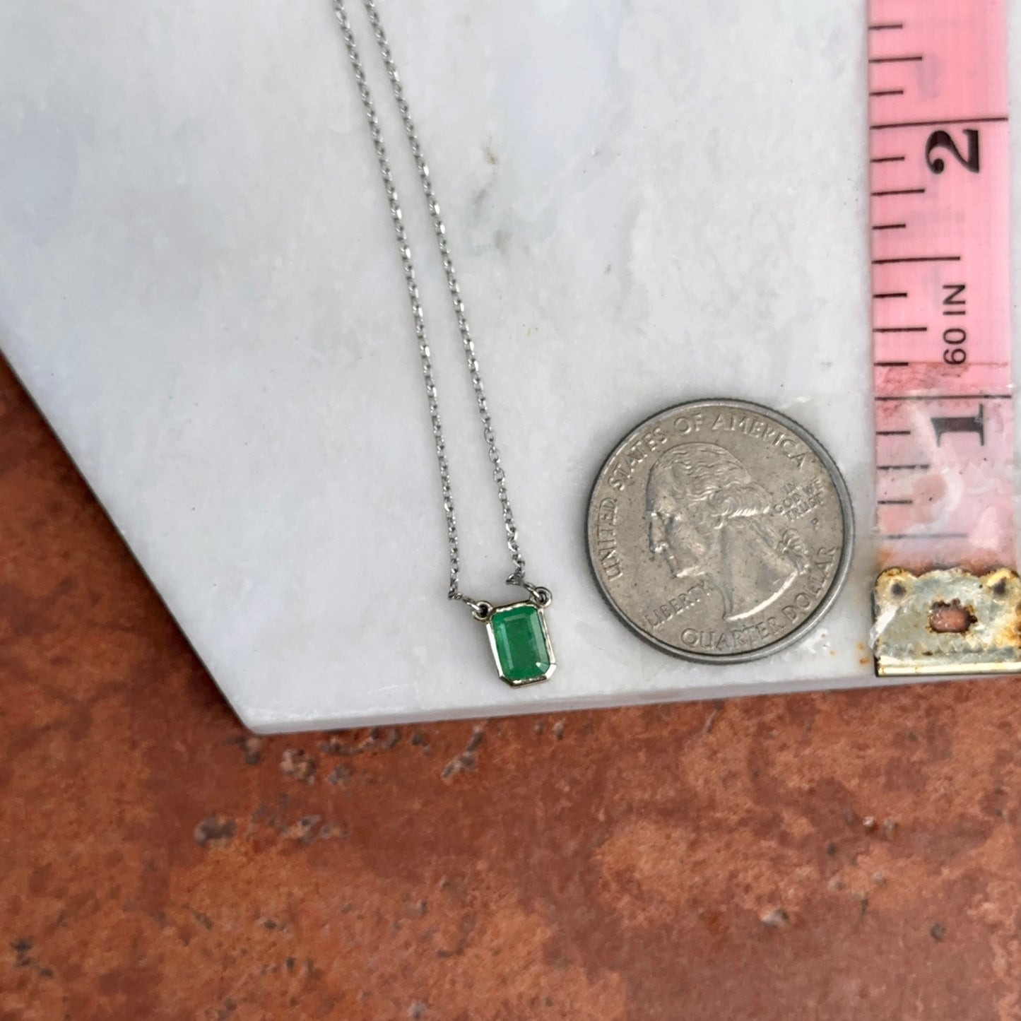 Estate 14KT White Gold Emerald-Cut Emerald Bezel Set Solitaire Necklace