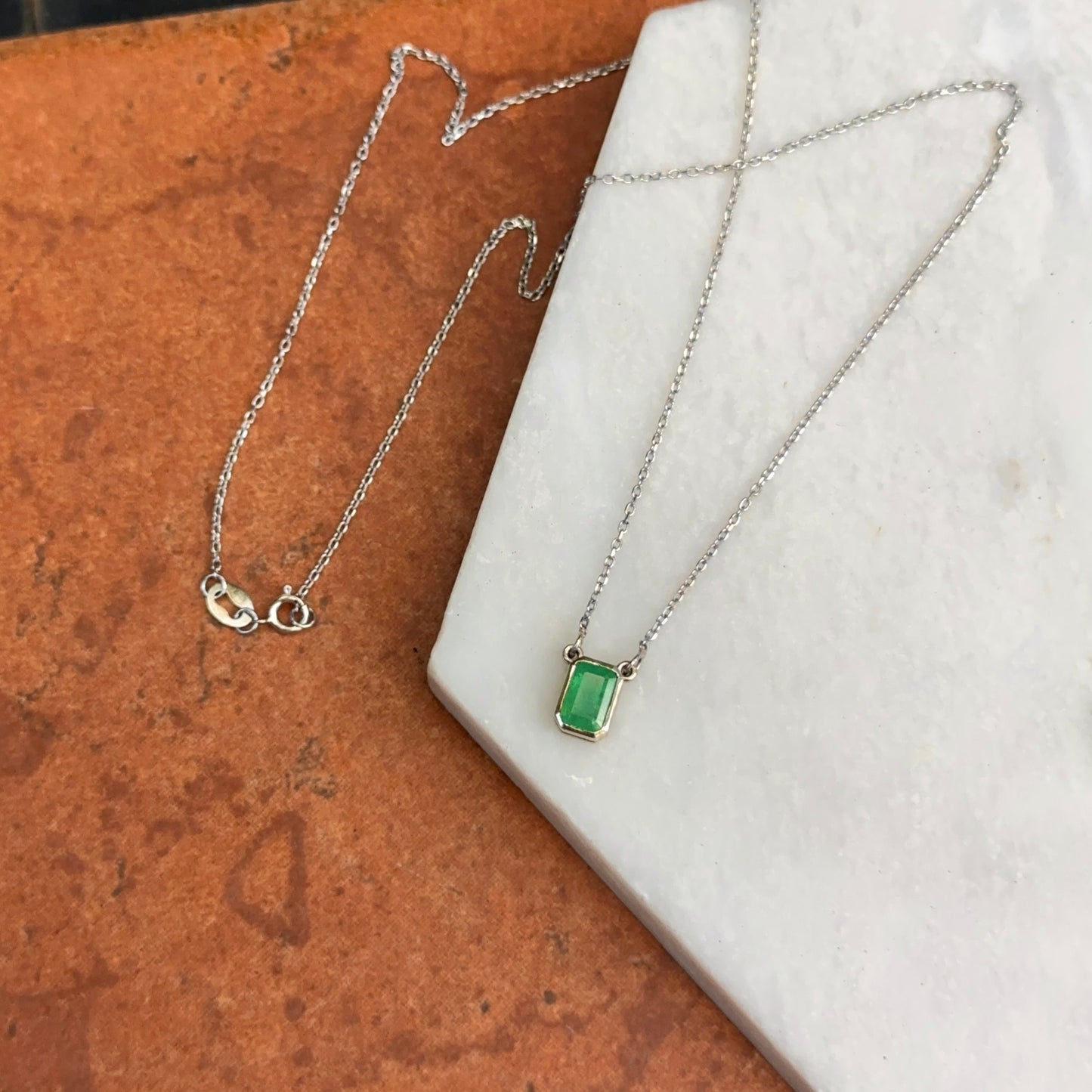 Estate 14KT White Gold Emerald-Cut Emerald Bezel Set Solitaire Necklace