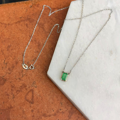 Estate 14KT White Gold Emerald-Cut Emerald Bezel Set Solitaire Necklace