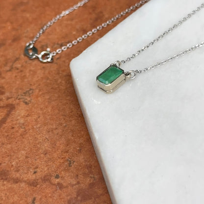 Estate 14KT White Gold Emerald-Cut Emerald Bezel Set Solitaire Necklace