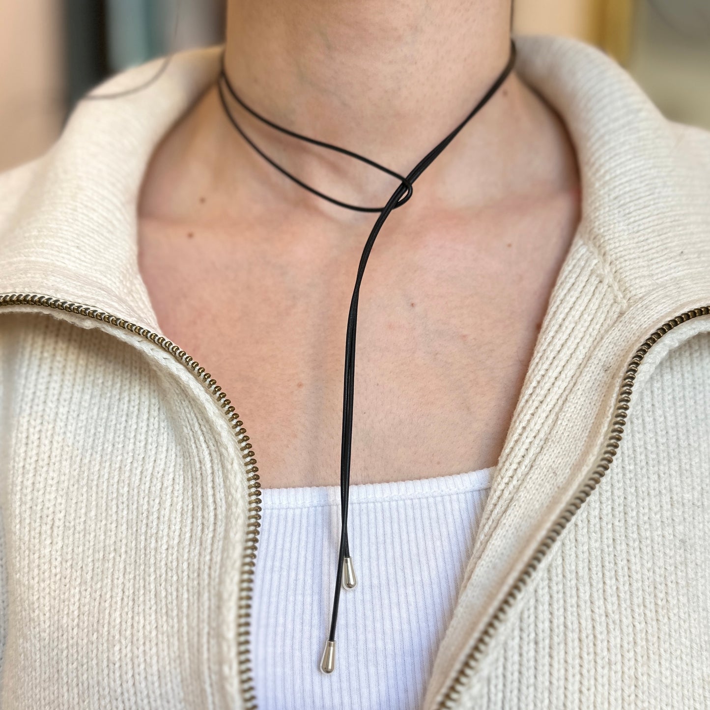 Black Leather 1.5mm Cord Sterling Silver Ends Lariat Necklace