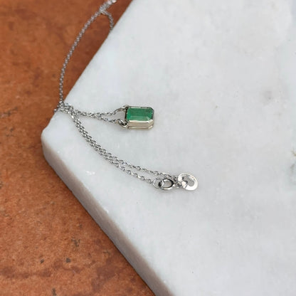Estate 14KT White Gold Emerald-Cut Emerald Bezel Set Solitaire Necklace