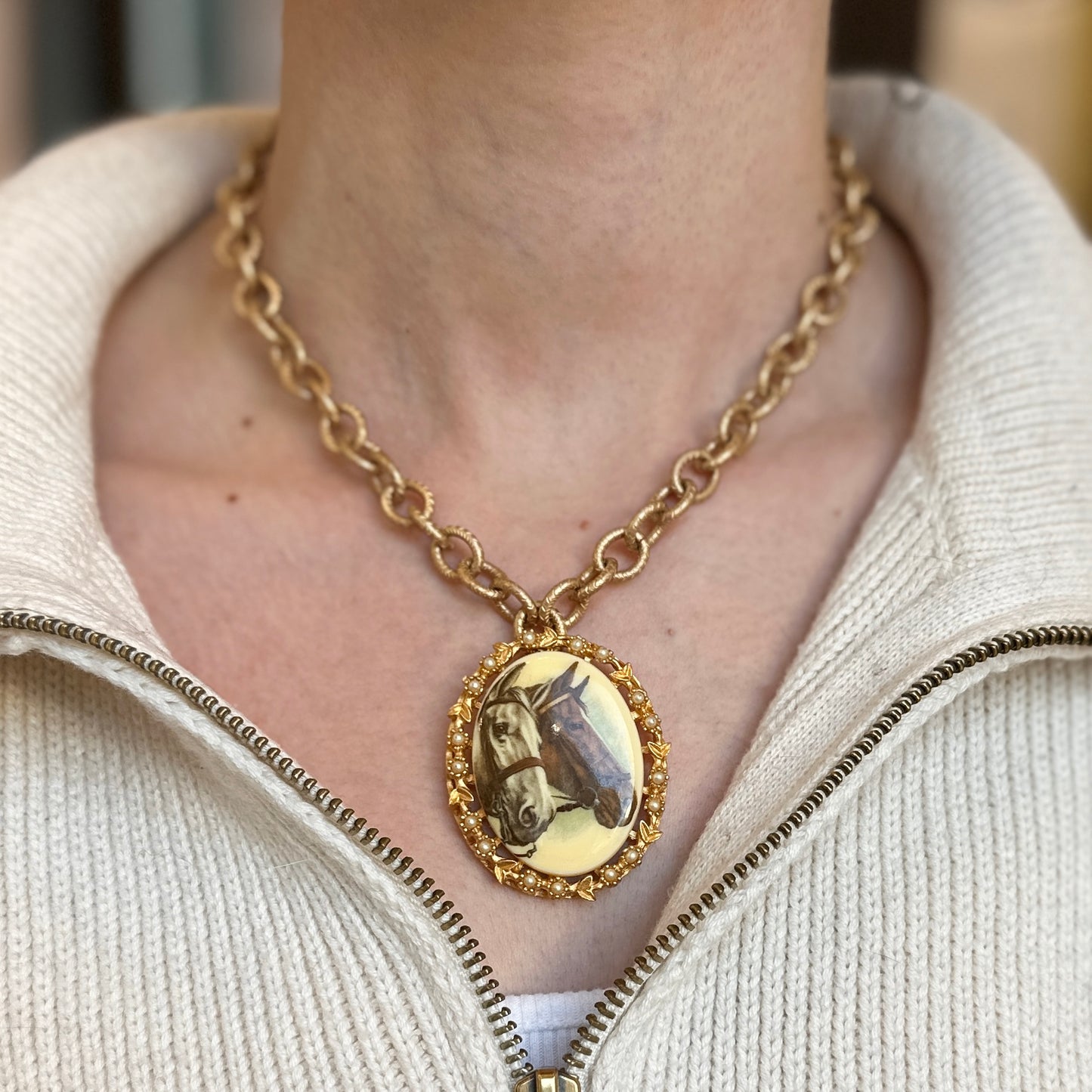 Vintage Enamel Horse Necklace Gold-Filled Seed Pearl Cable Link