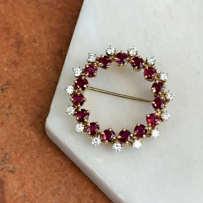 Estate 18KT Yellow Gold Round Ruby + Diamond Circle Brooch/Pin