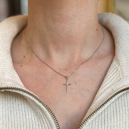 14KT White Gold Solitaire Diamond Cross Pendant Charm