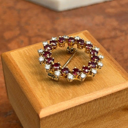 Estate 18KT Yellow Gold Round Ruby + Diamond Circle Brooch/Pin