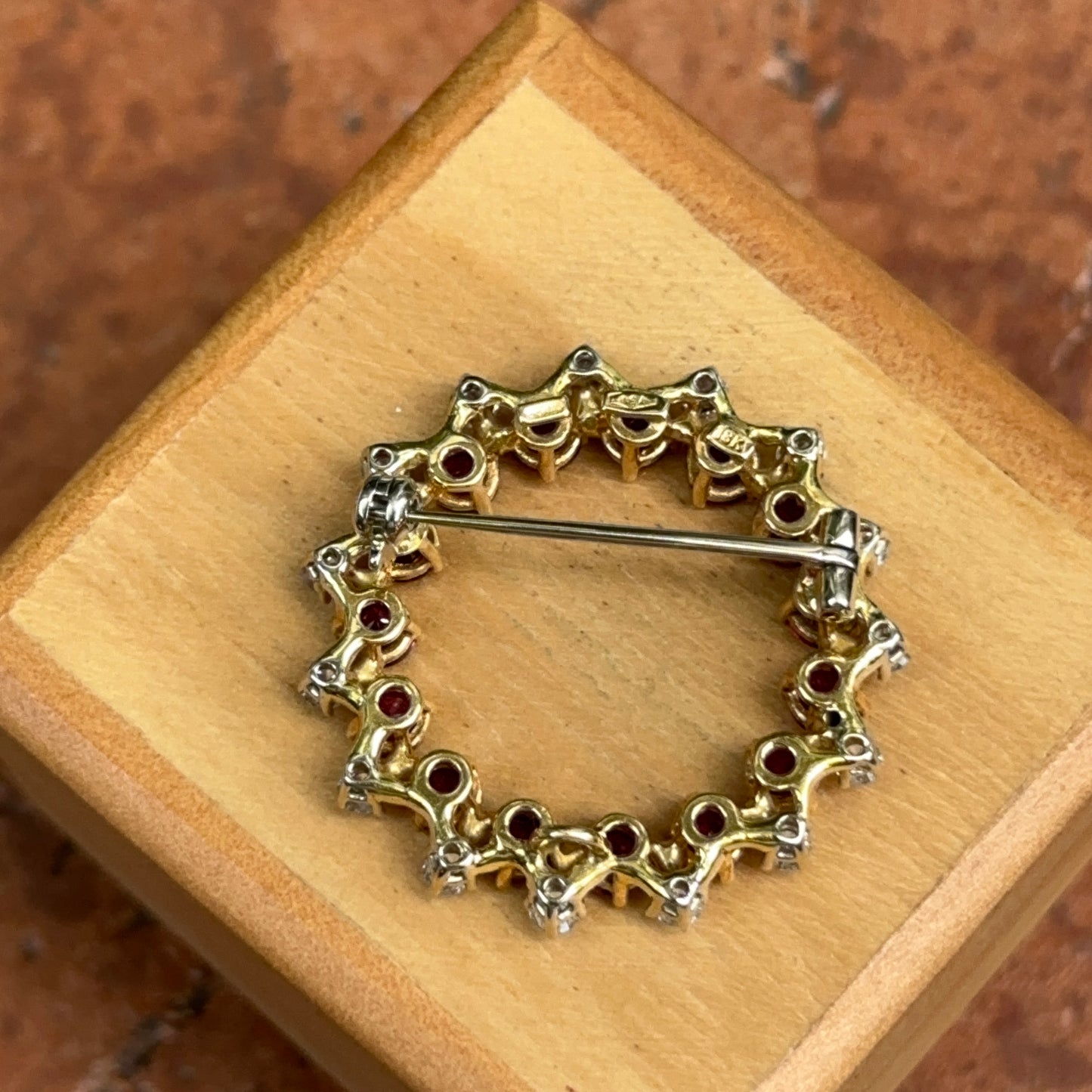 Estate 18KT Yellow Gold Round Ruby + Diamond Circle Brooch/Pin