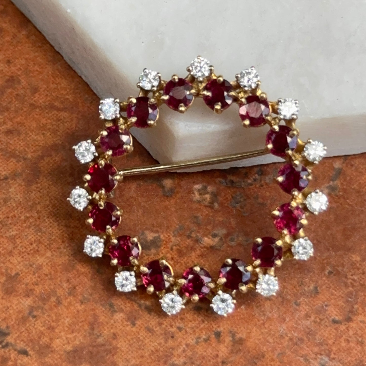 Estate 18KT Yellow Gold Round Ruby + Diamond Circle Brooch/Pin