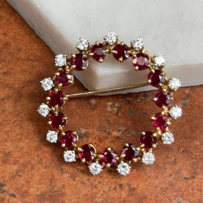 Estate 18KT Yellow Gold Round Ruby + Diamond Circle Brooch/Pin