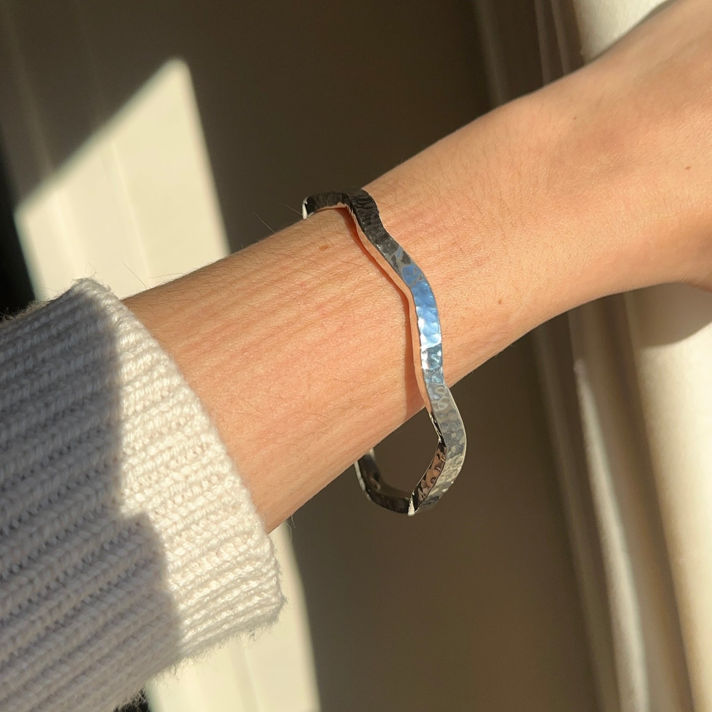 Sterling Silver Hammered Wavy Bangle Bracelet