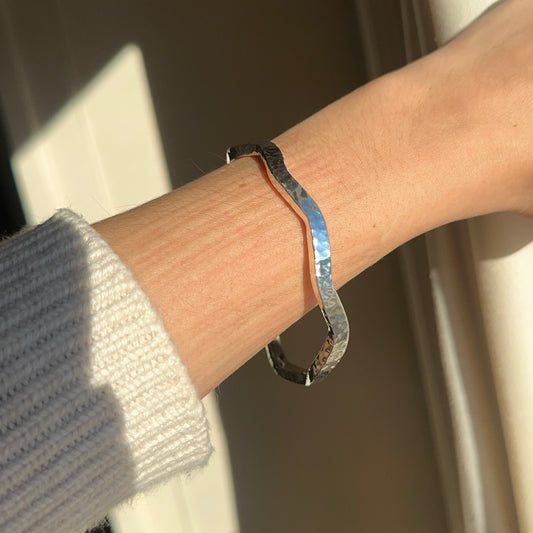 Sterling Silver Hammered Wavy Bangle Bracelet