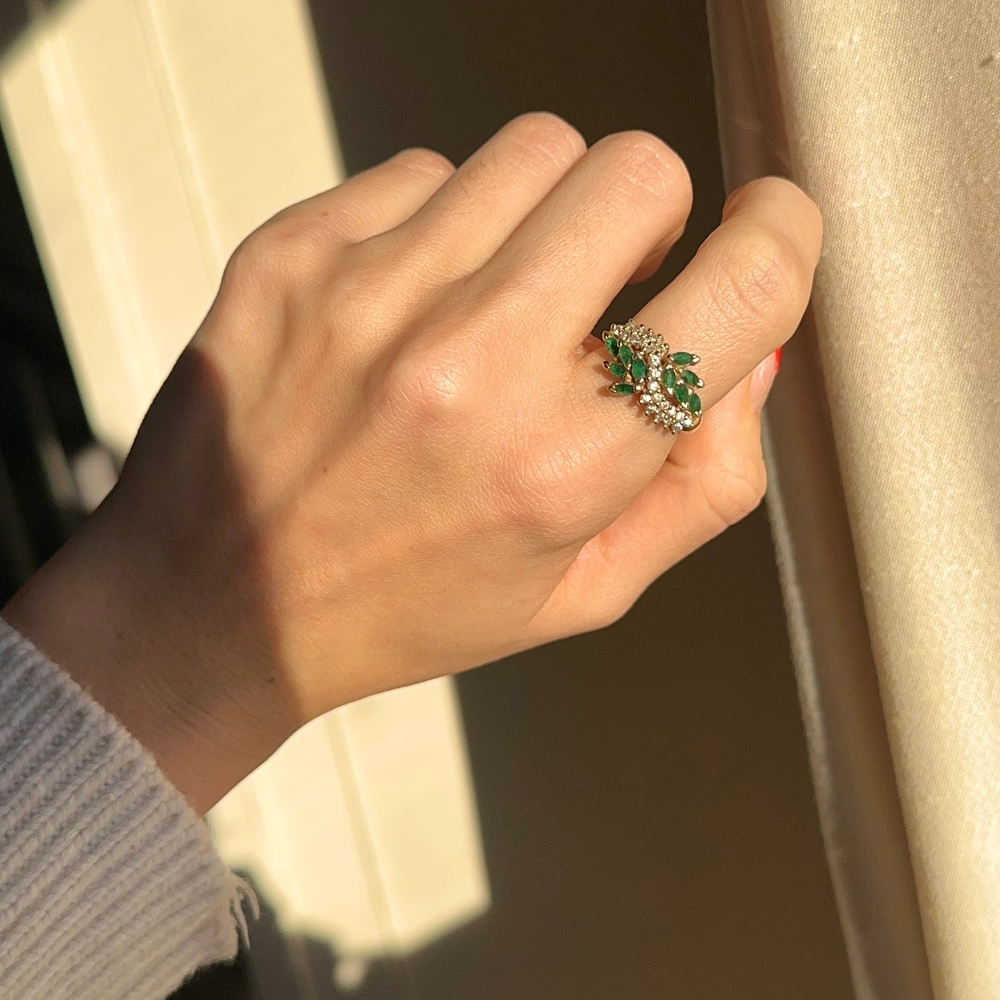 Estate 14KT Yellow Gold Marquise Colombian Emerald + Diamond Ring - LSJ