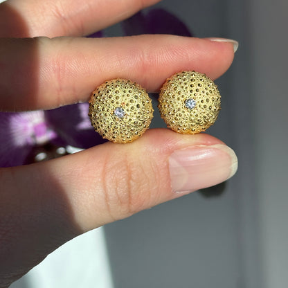 Estate 18KT Yellow Gold Matte Sea Urchin Diamond Omega Back Earrings