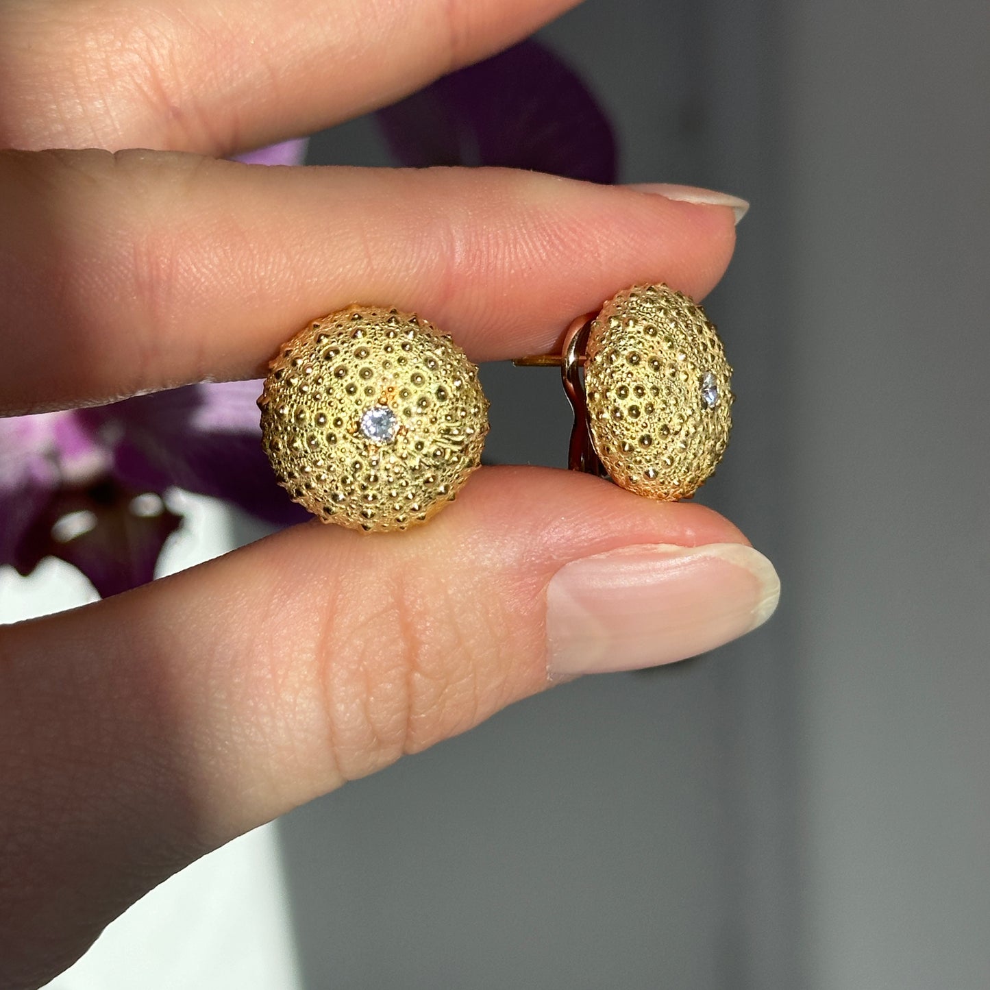 Estate 18KT Yellow Gold Matte Sea Urchin Diamond Omega Back Earrings