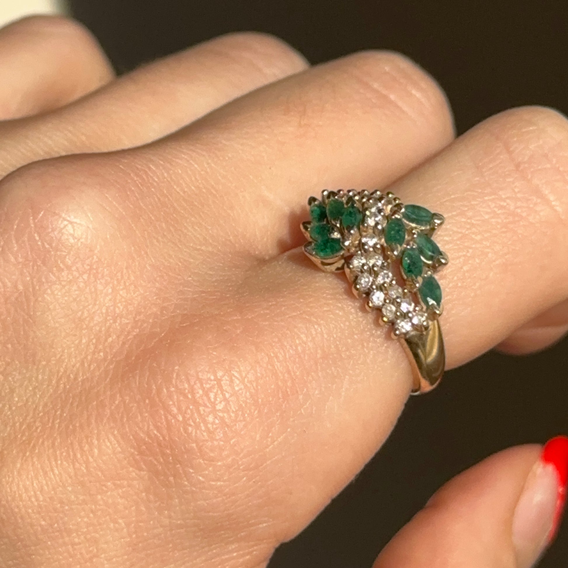Estate 14KT Yellow Gold Marquise Colombian Emerald + Diamond Ring - LSJ