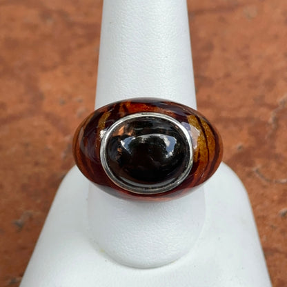 Sterling Silver Oval Cabochon Smokey Quartz + Tiger Print Enamel Ring