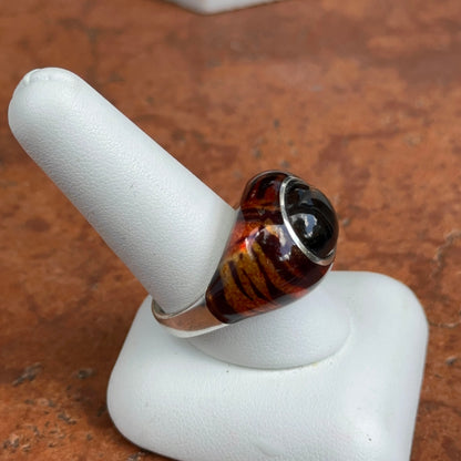 Sterling Silver Oval Cabochon Smokey Quartz + Tiger Print Enamel Ring