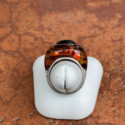 Sterling Silver Oval Cabochon Smokey Quartz + Tiger Print Enamel Ring