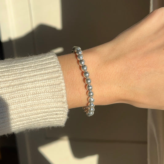 Sterling Silver Shiny  6mm Beaded Stretch Bangle Bracelet