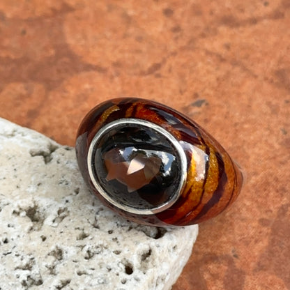 Sterling Silver Oval Cabochon Smokey Quartz + Tiger Print Enamel Ring