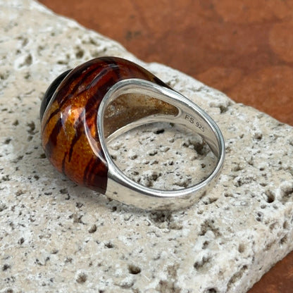 Sterling Silver Oval Cabochon Smokey Quartz + Tiger Print Enamel Ring