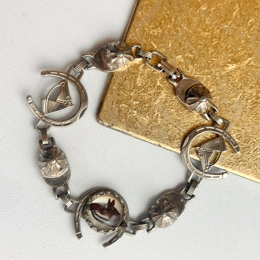 Silver Horse Head, Horse Shoe and Racing Hat Hand Painted Bracelet 7.5''