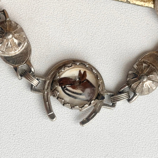 Silver Horse Head, Horse Shoe and Racing Hat Hand Painted Bracelet 7.5''