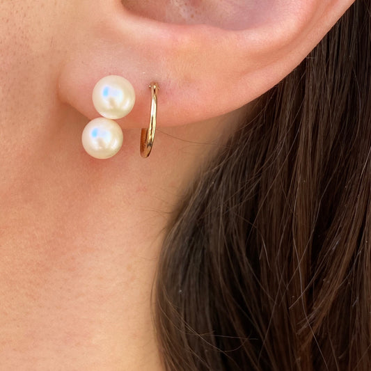 10KT Yellow Gold Double Freshwater White Pearl Stud Earrings