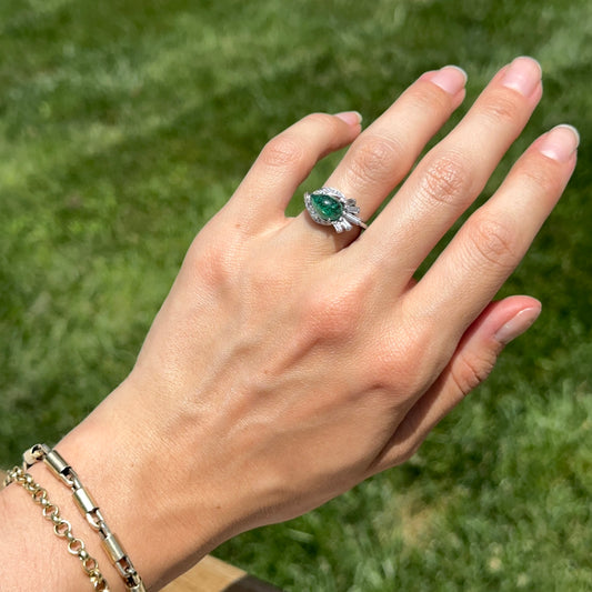 14KT White Gold Pear Cabochon Emerald + Diamonds Ring
