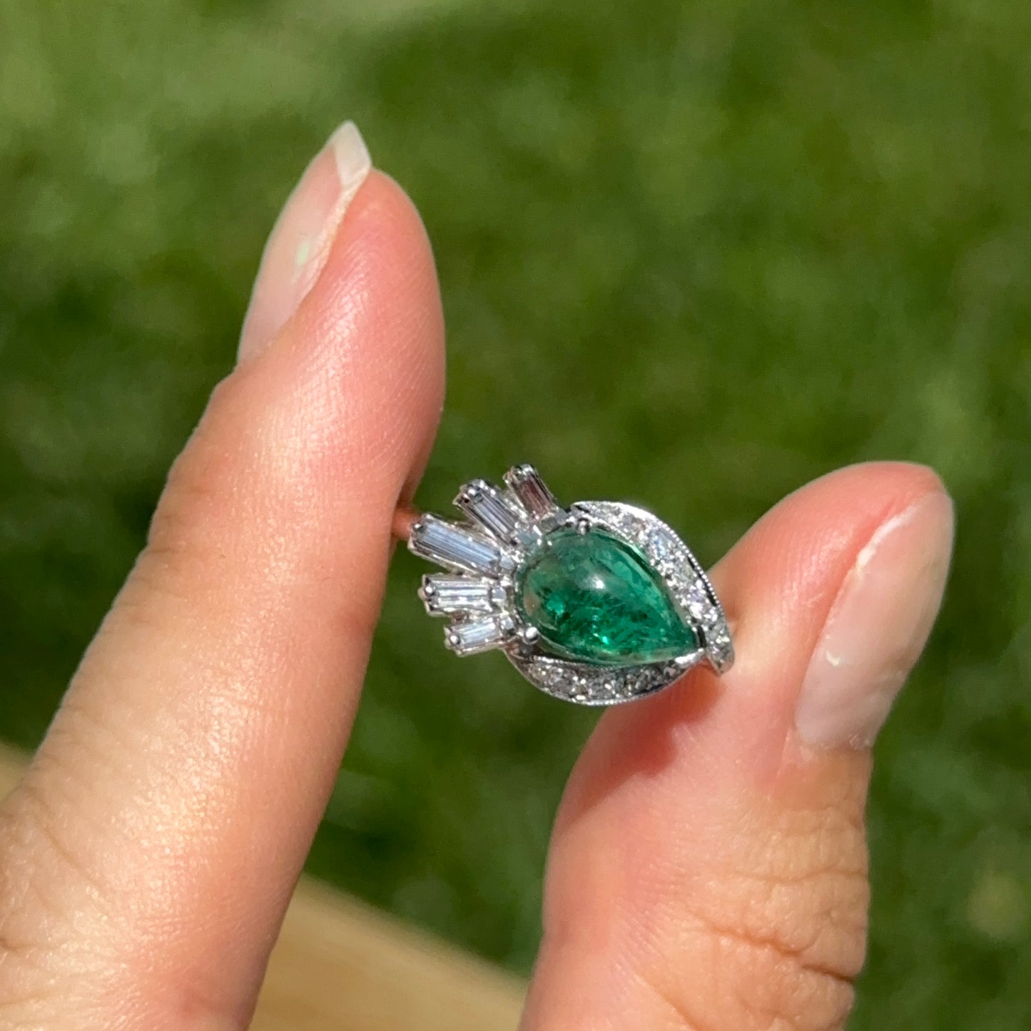 14KT White Gold Pear Cabochon Emerald + Diamonds Ring