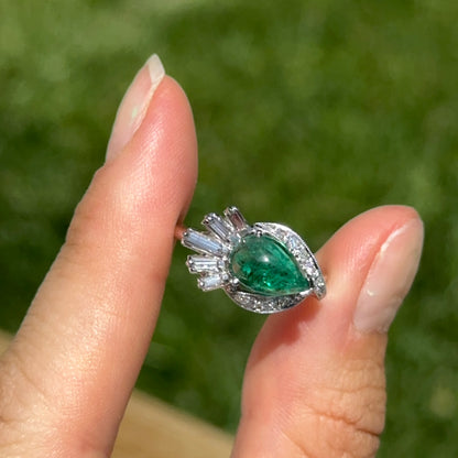14KT White Gold Pear Cabochon Emerald + Diamonds Ring