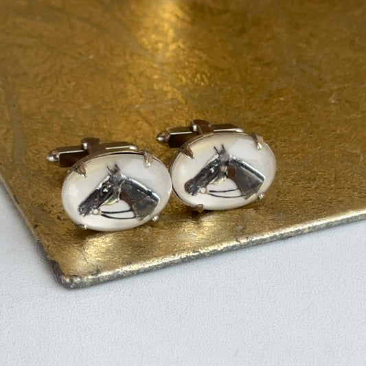 Silver Tone Oval Painted Horse Head Clear Stone Cuff Links