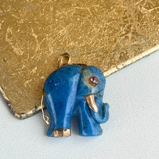 Estate 14K Yellow Gold Carved Lapis Elephant + Pink Stone Eye Pendant