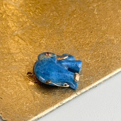 Estate 14K Yellow Gold Carved Lapis Elephant + Pink Stone Eye Pendant