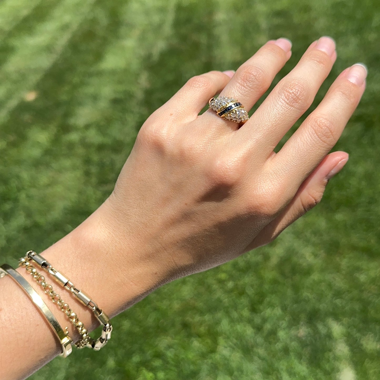 Estate 18KT Yellow Gold Princess Cut Sapphire + Bead Set DiamondRing