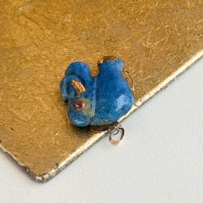 Estate 14K Yellow Gold Carved Lapis Elephant + Pink Stone Eye Pendant