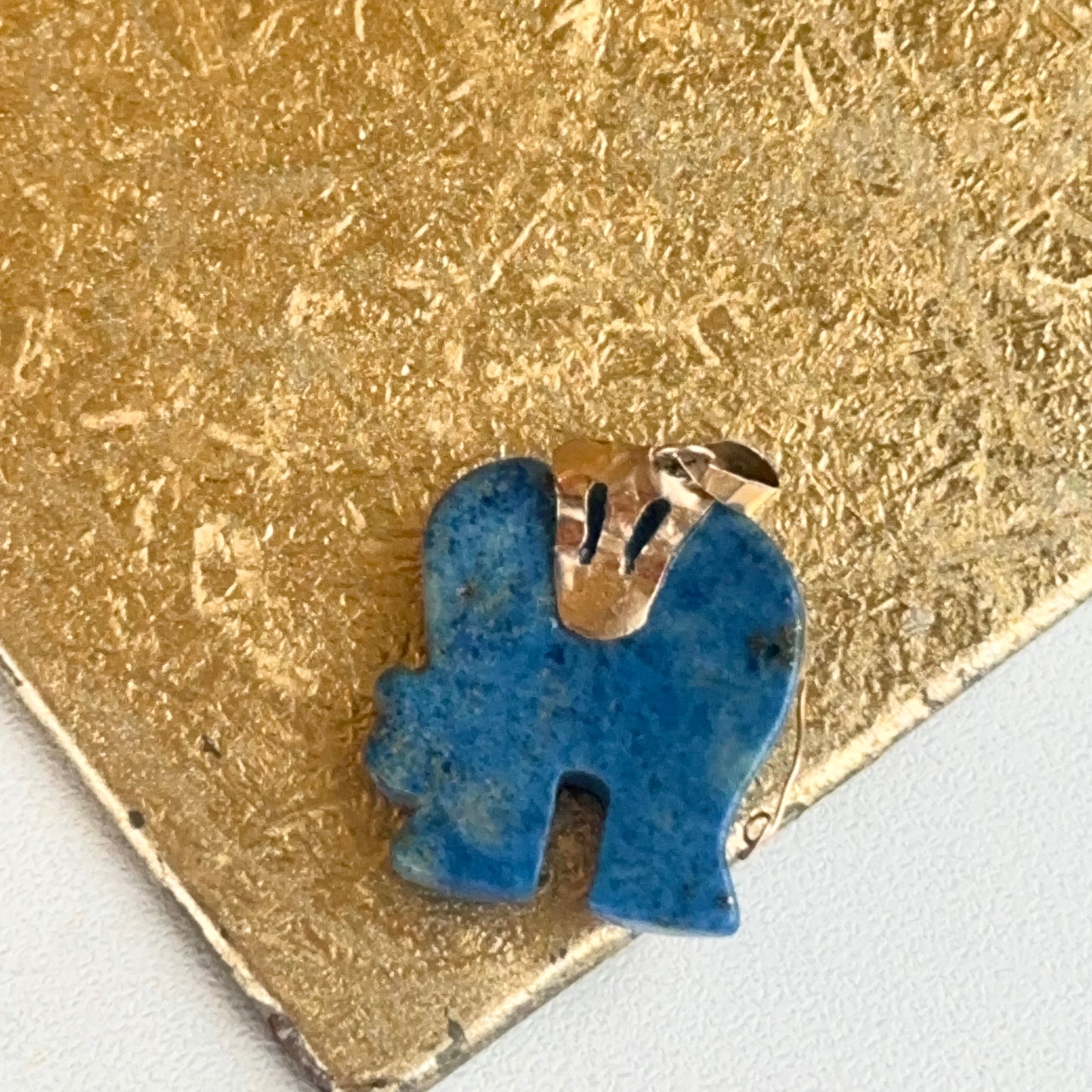 Estate 14K Yellow Gold Carved Lapis Elephant + Pink Stone Eye Pendant